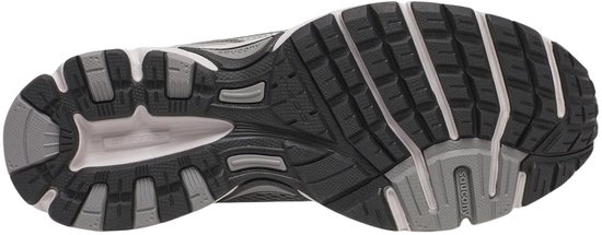 Zool van grijze Saucony sneaker met zwart en wit loopvlak.