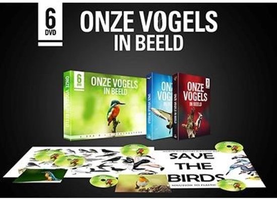 Twee DVD-boxen met de titel "Onze Vogels In Beeld" en "Onze Vogels", losse DVD's, een poster en ansichtkaarten.