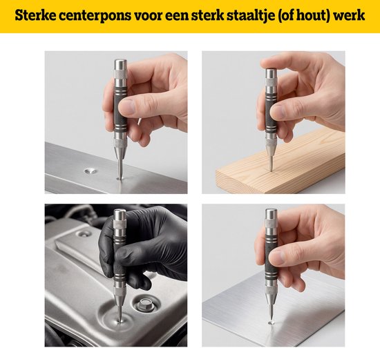 Handen gebruiken centerpons op metaal, hout en automateriaaldelen.