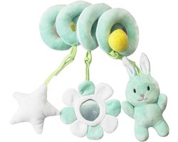 Babyspeelgoed - Konijn baby spiraal pluchen speelgoed - Wagenhanger sensorische rammelaar met spiegeltje, zacht activiteitenspeelgoed voor pasgeborenen geschikt voor ledikant en autostoeltje, bevordert de zintuiglijke ontwikkeling van baby