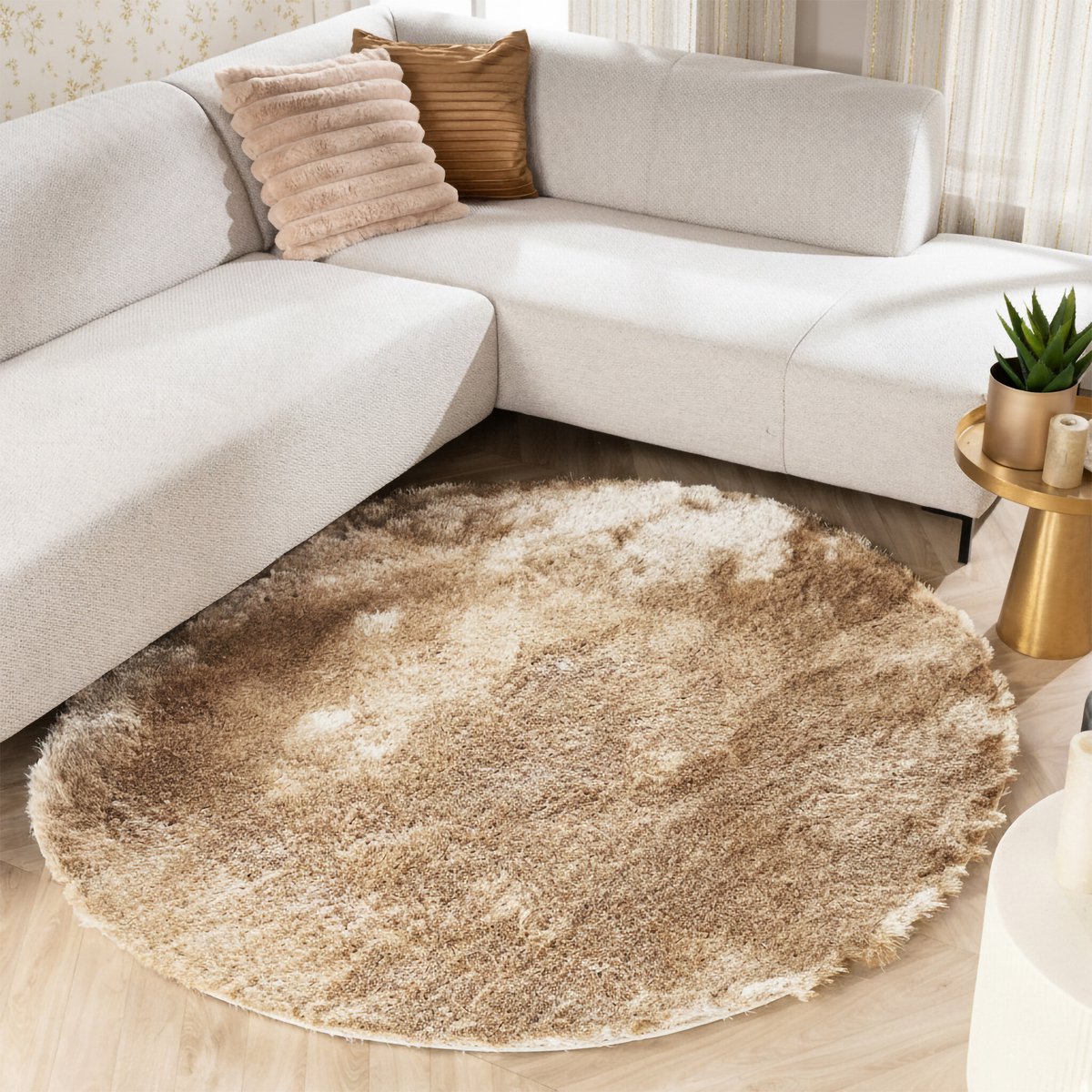 Studio Clarice Rond hoogpolig vloerkleed - Glorious Champagne/Creme - Ø 240cm