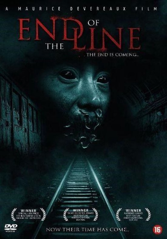 Affiche du film "End Of The Line" avec une expression effrayante et des rails de train.