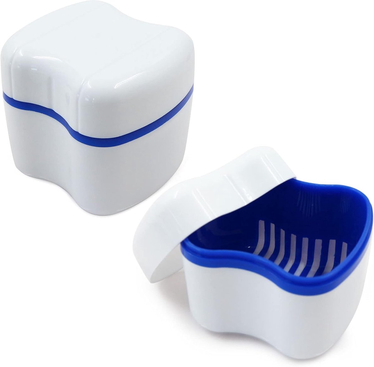 2 stuks Denture Box Third Teeth Storage Box - Tooth Organizer PE Plastic Box, Orthodontic Cup with Hanging Filter Basket, Mouth Guard Cleaning Double Layer Case (White/Blue)