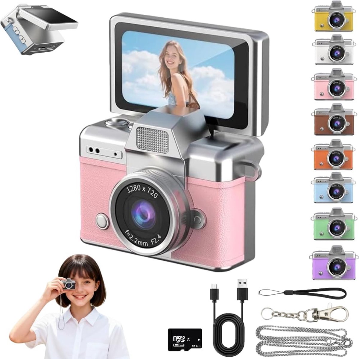 Fotocamera - Compact Camera - Voor Kinderen - Retro-Mini-Digitale-Camera - Sleutelhanger-Camera - 1080P-Full-HD - 0.96-Inch-IPS-Scherm - Inclusief-64GB-Kaart - 6-Filters - Vakantiecadeaus - roze
