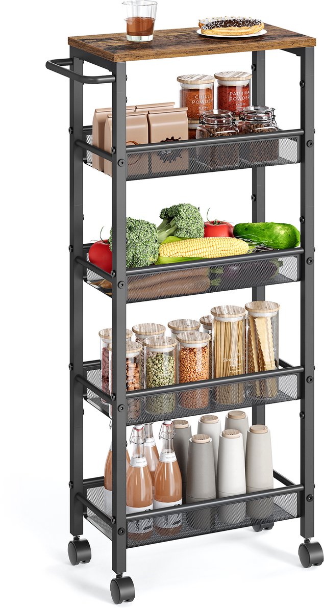 VASAGLE LRC035B01 - Smalle Keukenwagen op Wielen - 5 Lagen - Met Handgreep - Voor Keuken en Badkamer