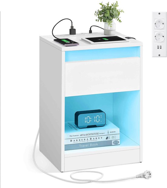 VASAGLE - Nachtkastje - Met Instelbare LED-Verlichting - Stopcontacten en USB-poorten - Met Lade
