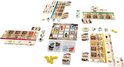 Overzicht van het bordspel Coffee Rush met alle onderdelen: borden, kaarten, pionnen en fiches.