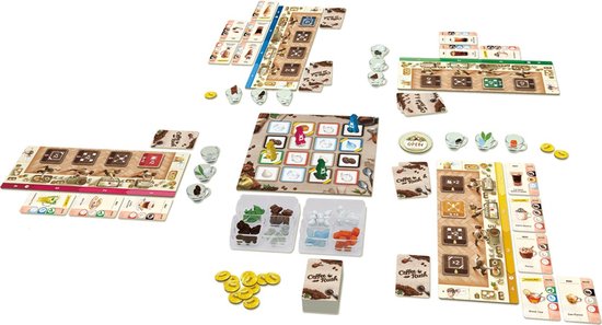 Overzicht van het bordspel Coffee Rush met alle onderdelen: borden, kaarten, pionnen en fiches.