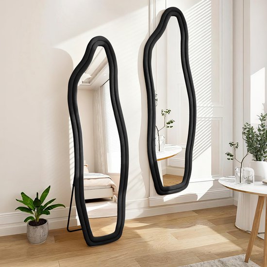 160 x 50 cm staande spiegel met zwart stoffen frame, geschikt voor slaapkamer, woonkamer, hal en kledingkast