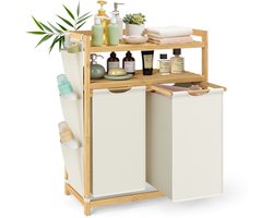 SONGMICS - Wasmand - Wasmand met 2 Compartimenten - Bamboe - Met Plank en Zijvakken