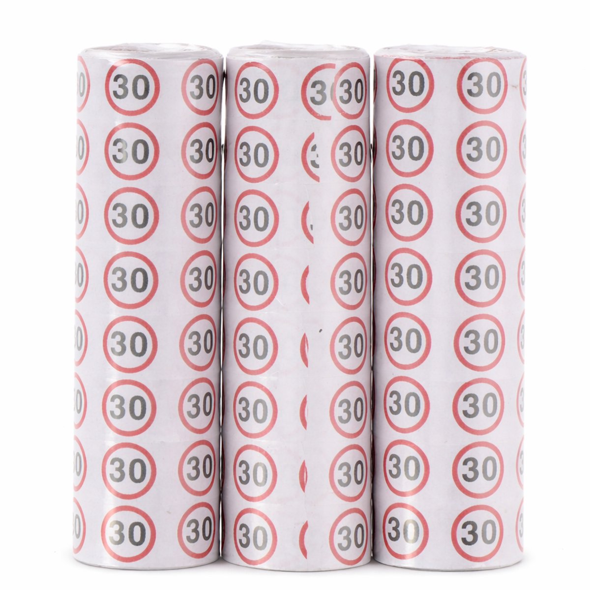 PARTYTIME serpentine verjaardag '30' - papieren feestslinger - verkeersbord print - ideaal voor 30e verjaardag themafeest - decoratie voor feest of party - lengte 384 cm - wit/rood