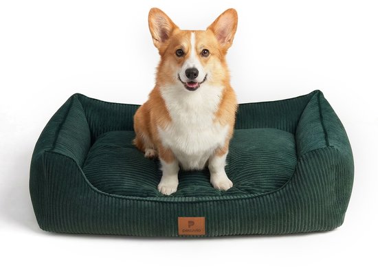 Un corgi assis dans un panier pour chien vert foncé en velours côtelé avec des bords hauts et un logo marron.