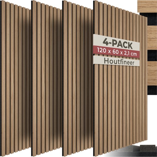 tectake® Akoestische Panelen - Set van 4 - Akoestisch Wandpaneel - 60 x 120 cm - 2,88 m² - Wandpanelen met Aanpasbare Grootte - Lattenwand van MDF en Houtfineer - Geluidsisolatie - Stijlvolle Wanddecoratie - Eenvoudige Montage - Eiken