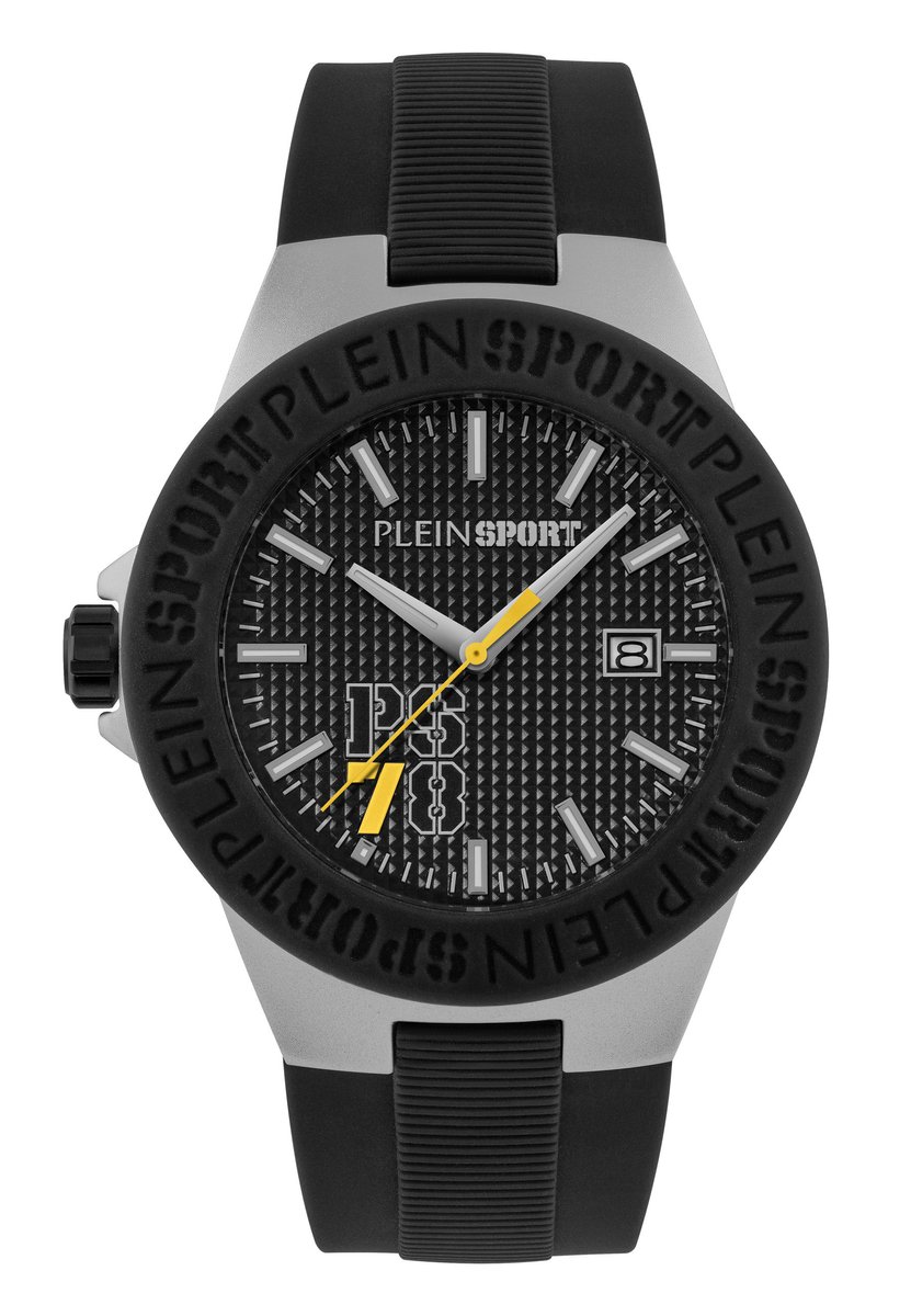 Plein Sport Vortex Quartz Analoog Horloge Zwart-Zilver-Tint Kast: 100% Gerecycled Roestvrij Staal| Armband: Siliconen 46 mm PSRGA0226, PSRGA0326, PSRGA0426