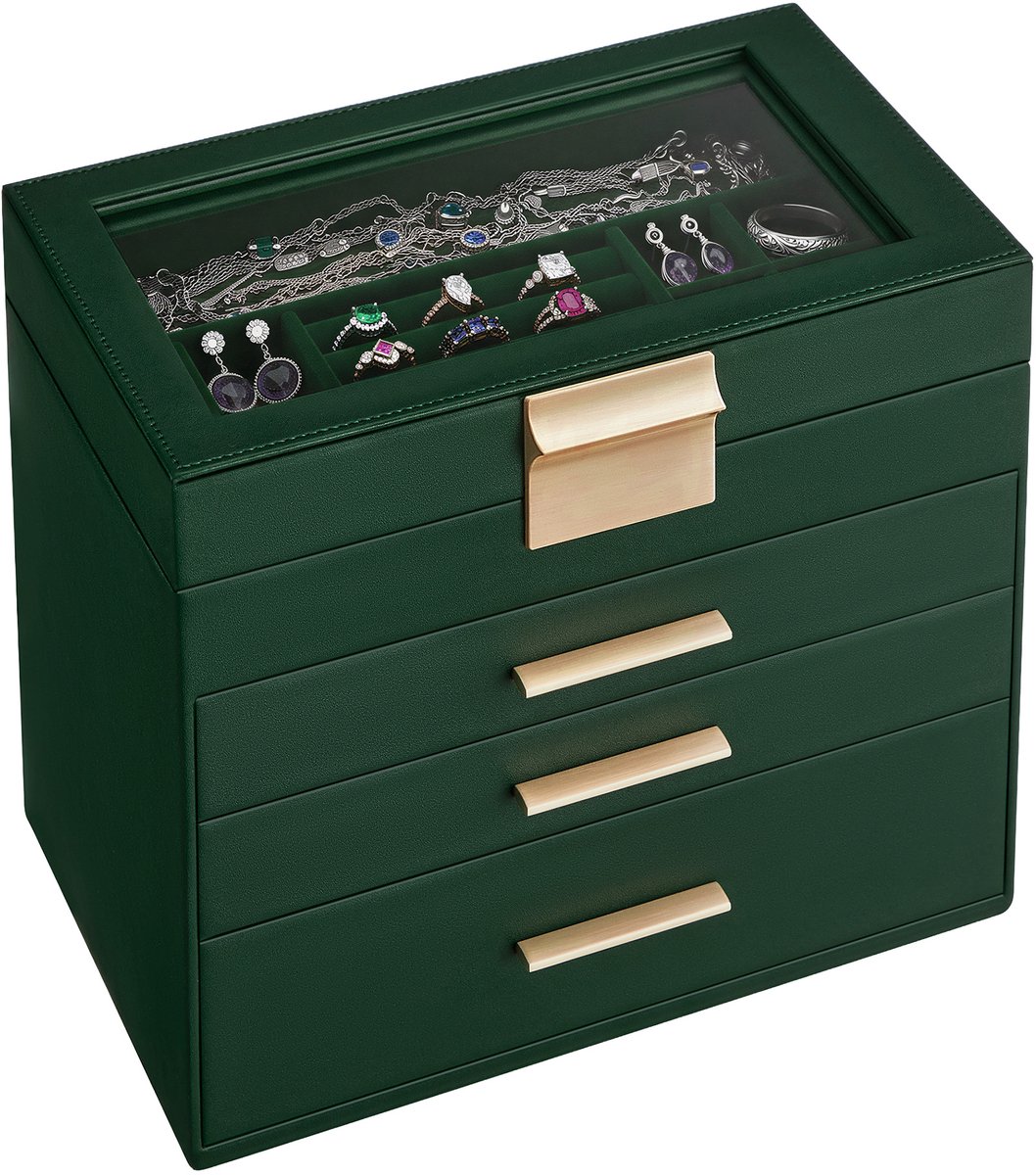 SONGMICS - Sieradendoos - Juwelendoos - Met 4 Lagen - 5 Lades - Glazen Deksel - Voor Grote Sieraden