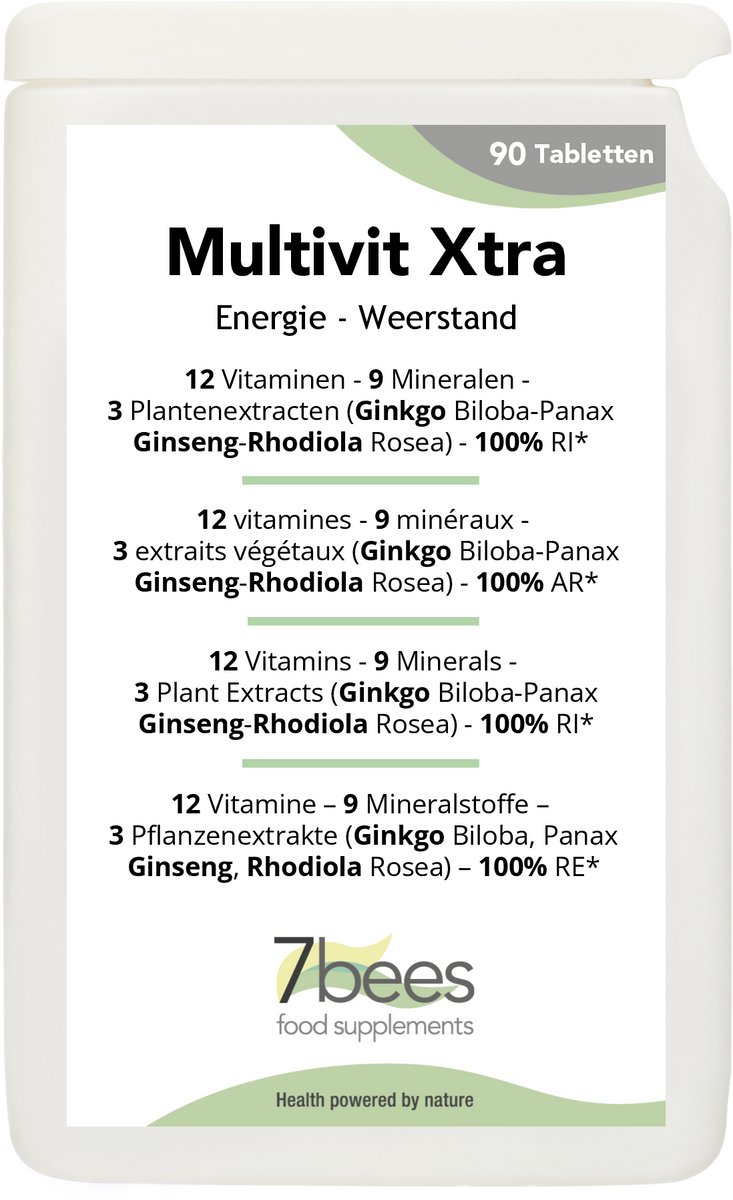 7Bees Multivit Xtra 90 tabs - 12 Vitaminen - 9 Mineralen met Panax Ginseng - Ginkgo Biloba en Rhodiola Rosea