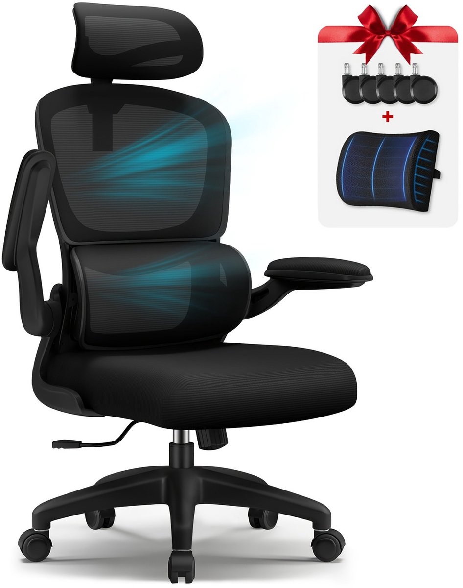 Ergonomische Bureaustoel met Traagschuim – Draaistoel met Verstelbare Hoogte, Handmatige Kantelfunctie en Opklapbare Armleuningen – Microvezel Zitting – Voor Thuiswerk, Kantoor en Gamers – Zwart