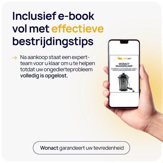 Hand die een smartphone vasthoudt met een e-book met de titel 'Wonact muggenlamp'.