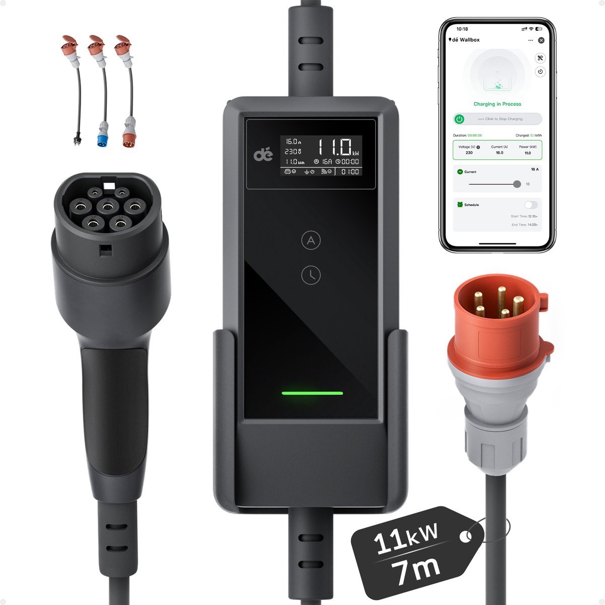dé Mobiele Thuislader 11kW met App - CEE naar Type 2 stekker EV oplader - Aanpassing met dubbele knop - 7 meter Laadkabel - 6A/8A/10A/13A/16A Huidige instelling - 3 fase - IP66 waterdicht laadstation met LCD Digitaal Display met 3 adapters