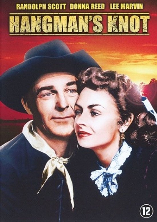 De poster van Hangman's Knot met Randolph Scott en Donna Reed, zonsondergang op de achtergrond.