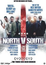 Filmaffiche 'North V South' met acteurs in driedelig pak, een vrouw met pistool.