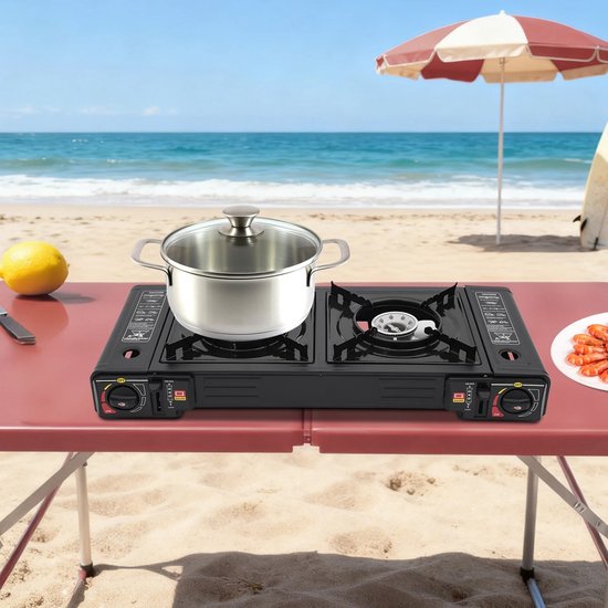 AURORAS-2500W Draagbare Kampeerkachel met 2 Branders en Bakplaat - Draagbare Camping Gasstel in Koffer - Compact & Krachtig van Merkloos — afbeelding 4