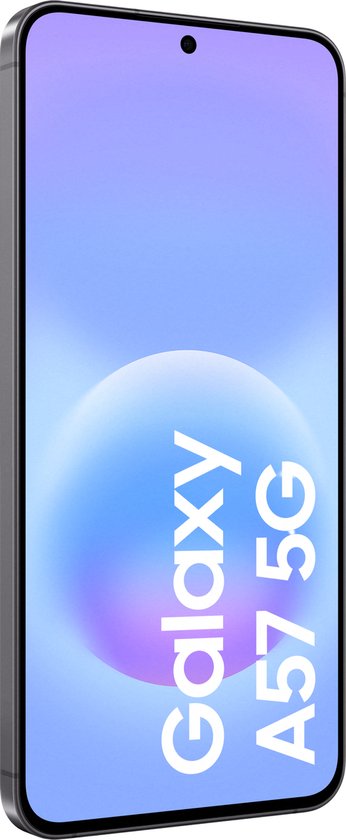 Grijze Samsung Galaxy A57 5G smartphone, weergave van de voorkant met de tekst "Galaxy A57 5G".
