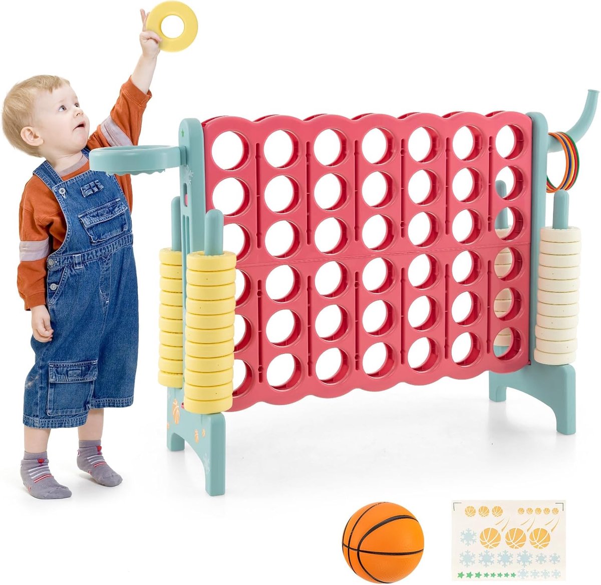 Gigantisch 4-op-een-rij spel - Strategie spel - Feest spel - 3-in-1 speelset - 84 cm - Lichtblauw perzikroze