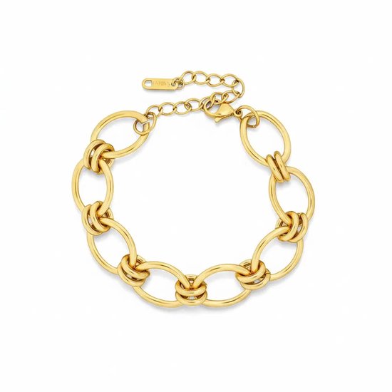 Bracelet à maillons dorés avec des maillons ovales, avec une chaîne d'extension et un fermoir mousqueton, sur fond blanc.
