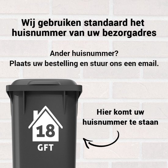 Zwarte afvalcontainer met witte huisnummer sticker '18' en 'GFT'. Tekst: 'Wij gebruiken standaard het huisnummer van uw bezorgadres'.
