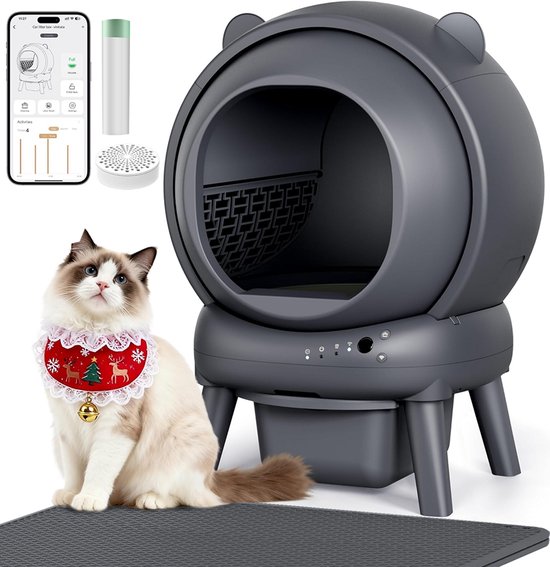 Automatische zelfreinigende kattenbak 65L + 8L afvalbak, app-bediening, geurfilter, kinderslot, stil, incl. mat & zakken