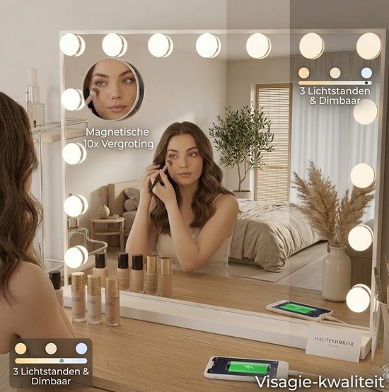 OMNIEXA Hollywood Spiegel – 58×46cm - 3 lichtkleuren - Dimbaar – 10x vergroting – USB-C/USB-A - 15 lampen - Smart touch - Make Up Spiegel - Visagie Spiegel – Vanity - Wit