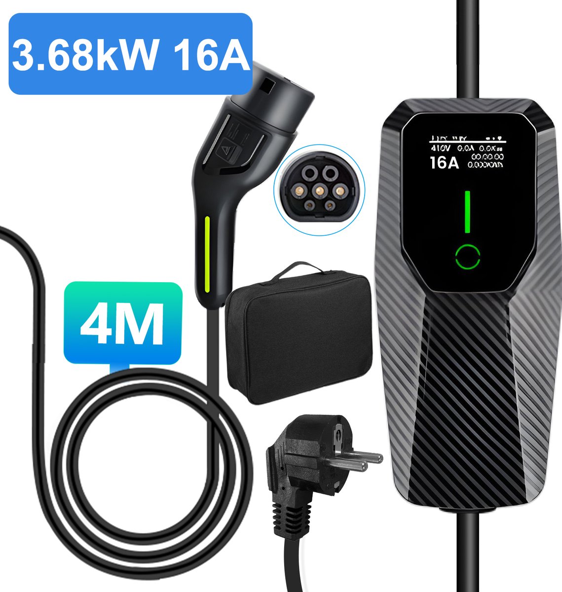 Junsun EV EU Mobiele Thuislader Laadkabel - Geschikt voor Elektrische Auto's | Type 2 – 4 meter Laadkabel - 3.68kW (16A 1-fase) - IP55 Regenbestendig - CEE-stekker - Laadkabel auto - 3 Jaar garantie - Incl. draagtas - IEC62196-2 & IP67 zwart