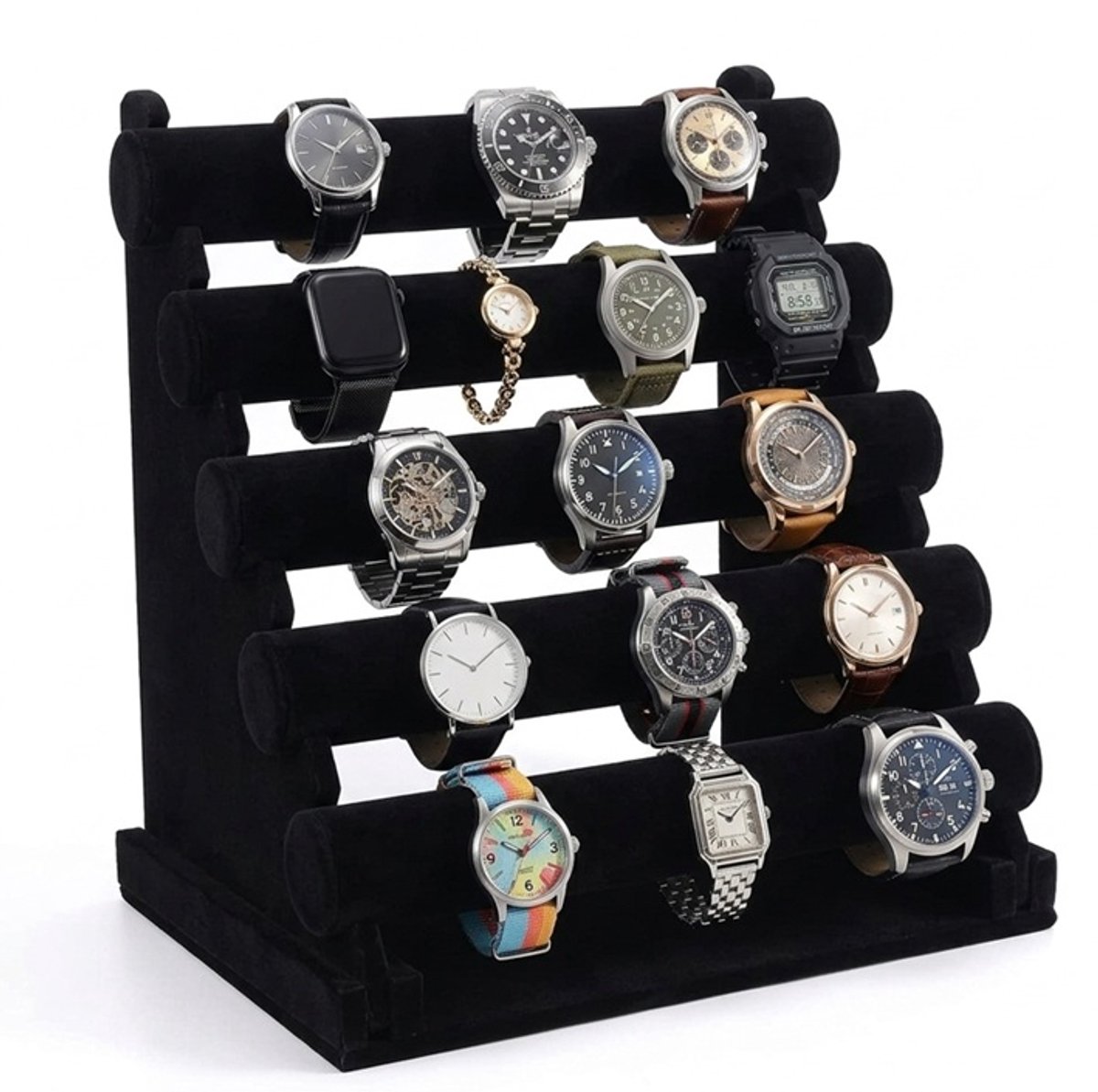 Horlogehouder met 5 Niveaus - XL Sieradendisplay voor Armbanden, Horloges Scrunchies - Fluwelen Armband Display - Sieraden Organizer - Zwart - 38.5 cm Hoog