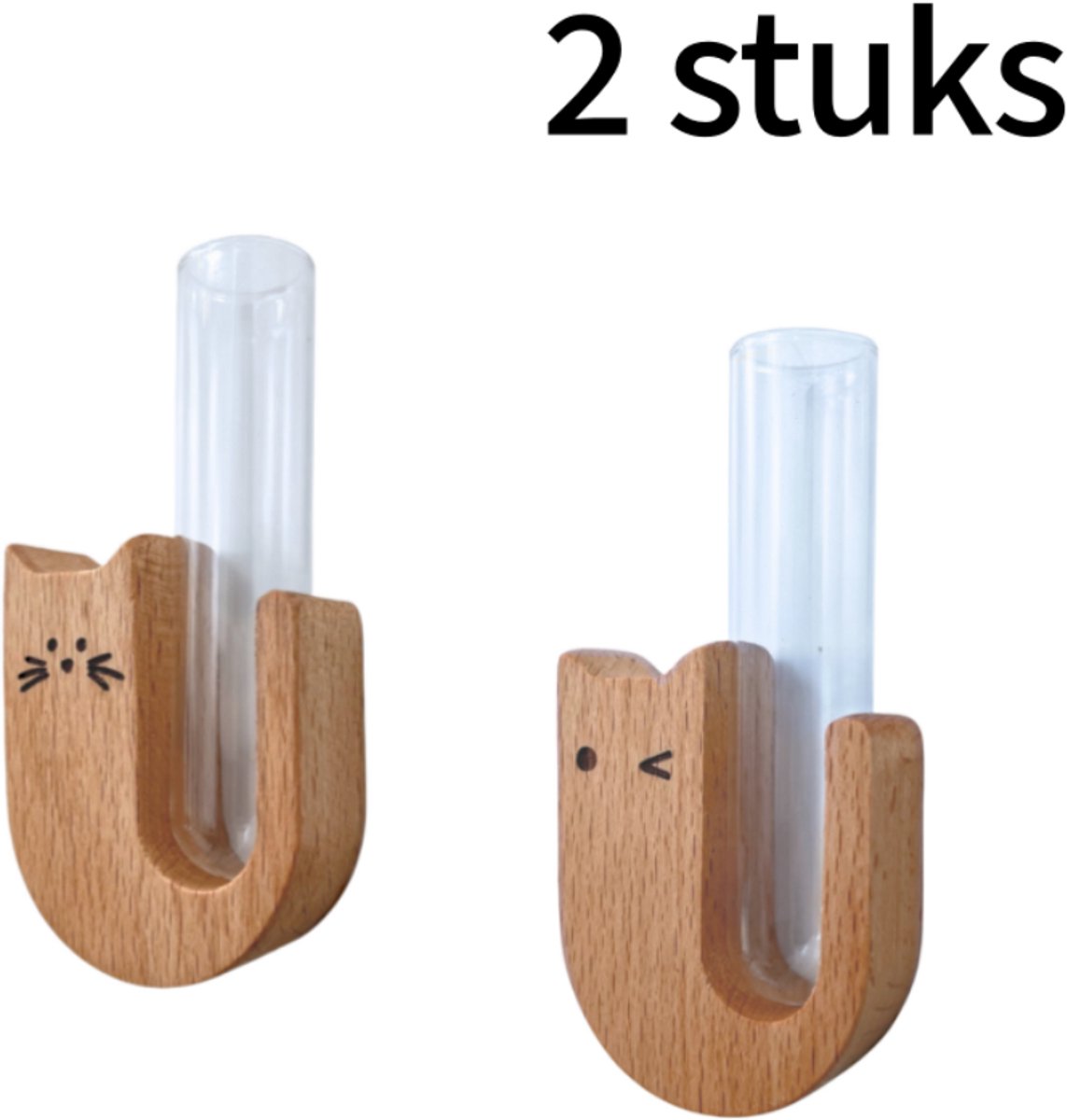 Beukenhouten Snorharen Verzameldoos - 2 stuks - Kat Design - Koelkastmagneet - 9x4.5x1.8 cm - Naturel