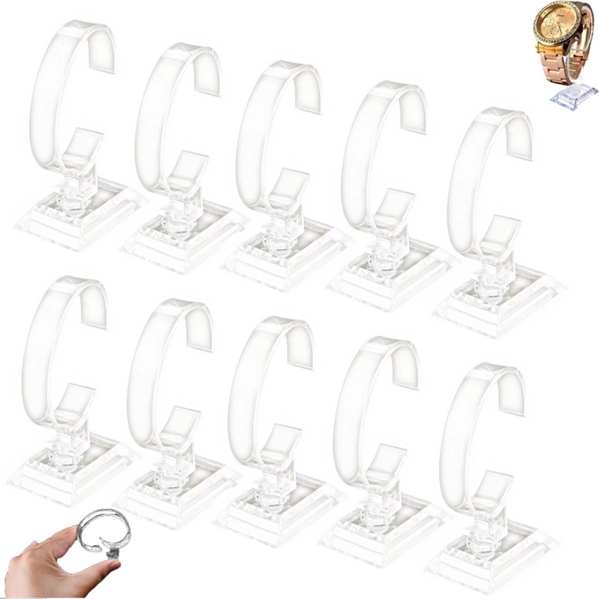 10 stuks - Transparante plastic horlogedisplaystandaards - Horlogedisplaystandaards - C-vormige plastic horlogedisplaystandaards - Acryl horlogehouders voor één horloge - Geschikt voor juwelierszaken, polsbandjes, elastische armbanden