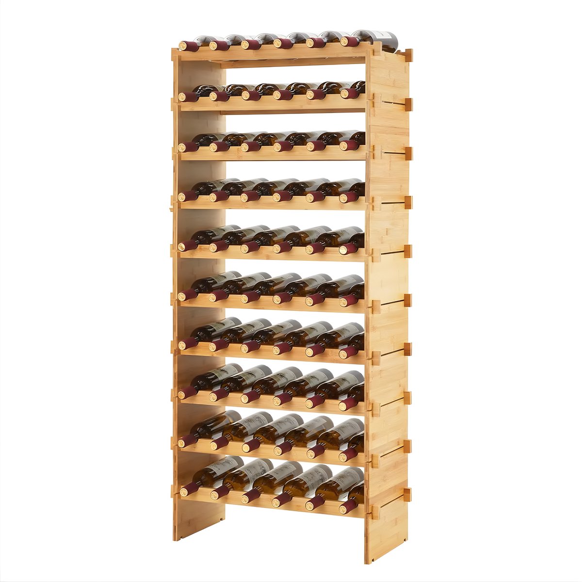 Happiq Modulair Wijnrek - Voor keuken, woonkamer of wijnkelder - Stapelbare 8/10-laags wijnopslag en presentatie - Bamboe - 10-Tier Natural