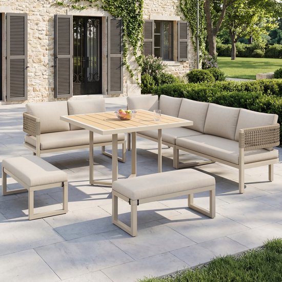 Sweiko Tuin loungeset - Hoekbank + Eettafel + 2 bankjes - Vlechtwerk armleuningen - Inclusief kussens - Beige