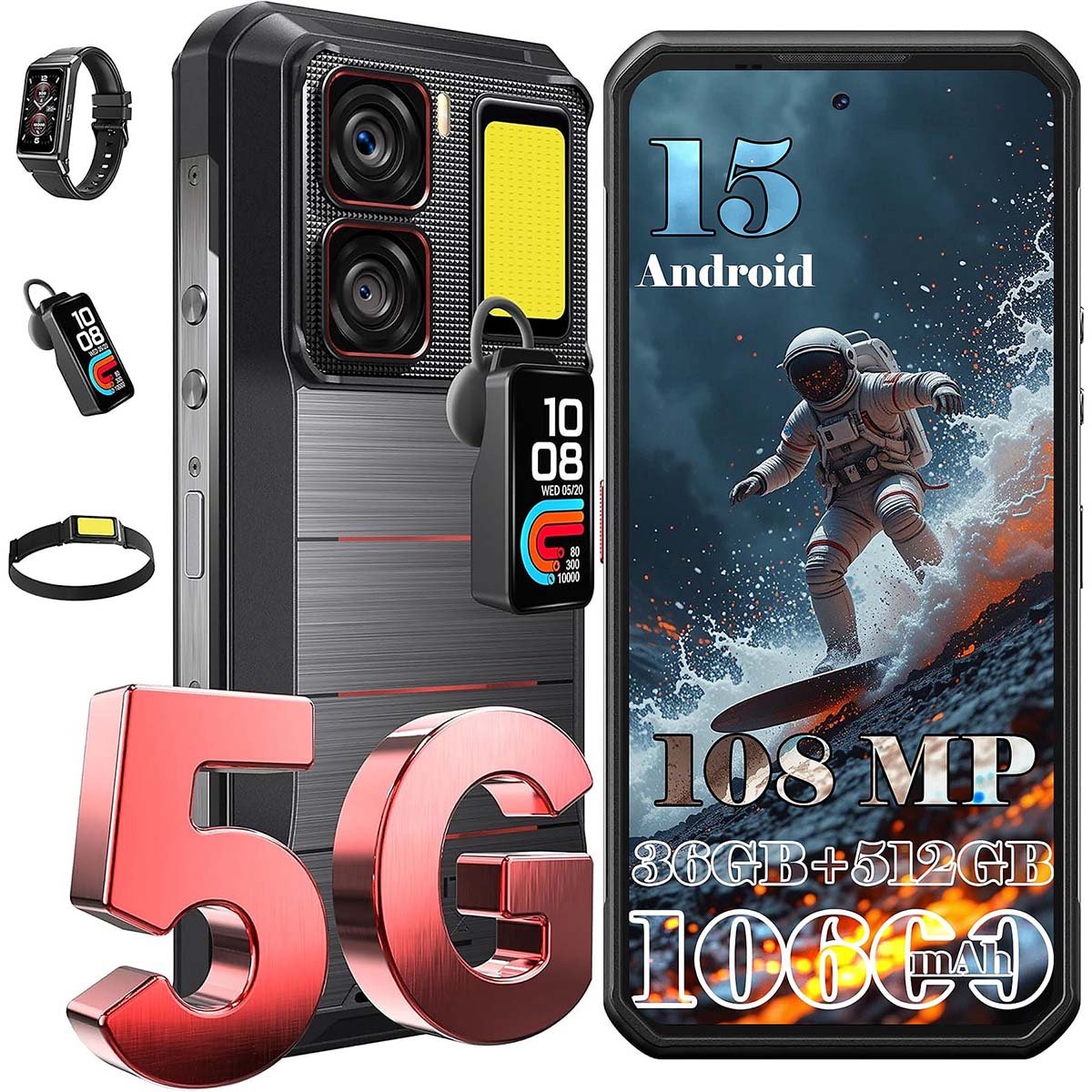 Oukitel WP300 Robuuste Smartphone 5G - IP68/IP69K Outdoor Telefoon - 12GB RAM - 128GB ROM - 16000mAh 120Hz - 6,8 inch FHD+ scherm - Met Afneembare Module Oortelefoon, Kamplampje - Zwart