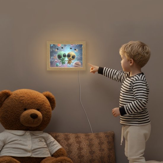 Nachtlampje 20x15 cm - Kinder lampje - Aliens - Ruimte - Planeten - Tafellamp kinderkamer - Slaapkamer lamp - Bedlamp kinderen - Kinderlampje stopcontact - Wandlamp babykamer - Nachtlampjes van Merkloos — afbeelding 5