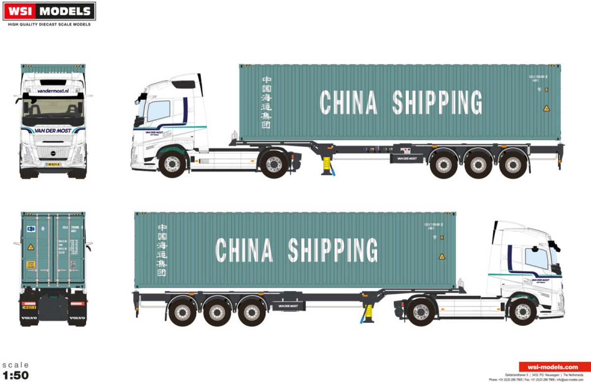 WSI Models Modelbouwpakket Auto Van der Most - Volvo FH Aero Globetrotter 4x2 - 3-assige Trailer met 40FT Container Diecast model - 1:50 - Modelbouw