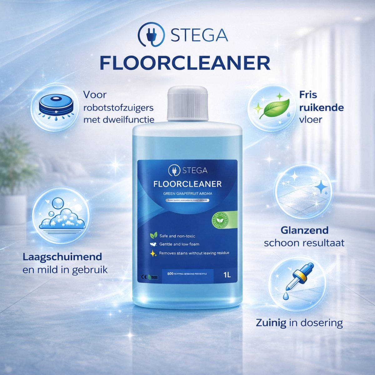 STEGA® Floorcleaner Vloerreiniger voor Robotstofzuiger met Dweilfunctie - 1 Liter - Laagschuimend – foto 4