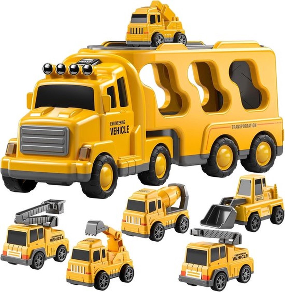 Bouwvrachtwagen Speelgoed Auto's voor Peuters 3-5 - 7-in-1 Wrijvingsaangedreven Voertuig Speelgoed 3 4 5 6 Jaar Oude Jongens, Drager Transport Vrachtwagens Kinderjaren, Autoset Leeftijd 3-9 Jongens en Meisjes (geel)