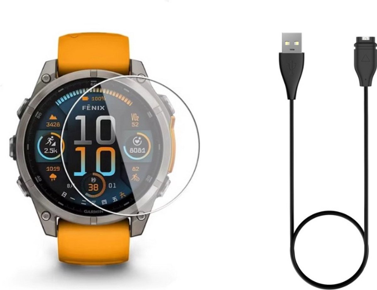Strap-it Bundel Screenprotector + Oplader - Geschikt voor Garmin Fenix 8 47mm - USB Oplaadkabel - Glasplaatje - Krasbestendig - Bescherming - Smartwatch Accessoires - 2 in 1 Bundel