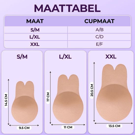 Maattabel voor plak-bh's: S/M (14,5 cm x 9,5 cm), L/XL (17 cm x 11 cm), XXL (20,5 cm x 13,5 cm). Cupmaten: A/B, C/D, E/F.