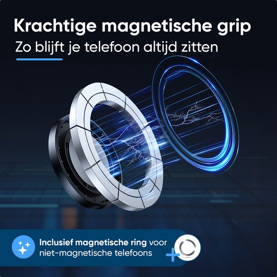 Close-up van magnetische ringen met blauwe energiestralen, inclusief metalen ring voor niet-magnetische telefoons.