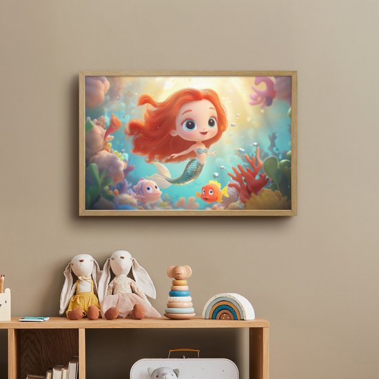 Nachtlampje 60x40 cm - Kinder lamp - Zeemeermin - Water - Vissen - Rood - Tafellamp kinderkamer draadloos - Slaapkamer lampje - Bedlamp kinderen - Kinderlampje - Wandlamp babykamer - Nachtlampjes van Merkloos — afbeelding 3