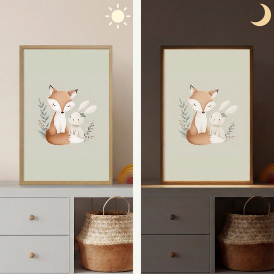 Nachtlampje 40x60 cm - Kinder lamp - Illustratie - Vos - Konijn - Bladeren - Tafellamp kinderkamer draadloos - Slaapkamer lampje - Bedlamp kinderen - Kinderlampje - Wandlamp babykamer - Nachtlampjes van Merkloos — afbeelding 4