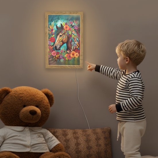 Nachtlampje 20x30 cm - Kinder lampje - Paard - Bloemen - Schilderij - Natuur - Verf - Tafellamp kinderkamer - Slaapkamer lamp - Bedlamp kinderen - Kinderlampje stopcontact - Wandlamp babykamer - Nachtlampjes van Merkloos — afbeelding 5