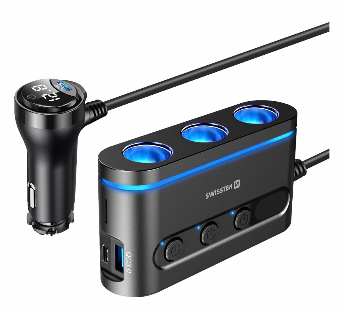Swissten Auto Oplader - Sigarettenaansteker - 3 Aansluitingen - 2x USB-C PD + USB-A Quick Charge 3.0 - Zwart